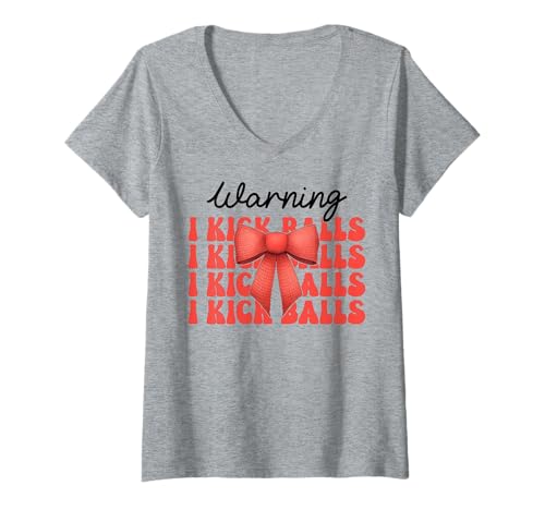 Damen Warnung Ich kicke Balls Kickball Girl Kokette Bogen T-Shirt mit V-Ausschnitt von Womens Pink Coquette Bow Kickball Player Gifts
