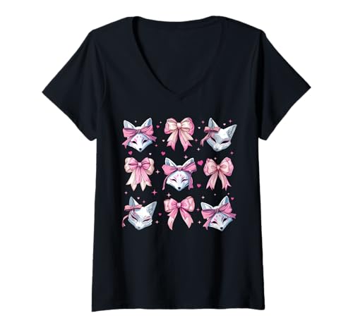 Damen Kitsune Fuchsmaske Mädchen Kokette Schleife Rosa Mama T-Shirt mit V-Ausschnitt Damen Kitsune Fuchsmaske Mädchen Kokette Schleife Rosa Mama T-Shirt mit V-Ausschnitt von Womens Pink Coquette Bow Kitsune Fox Gifts