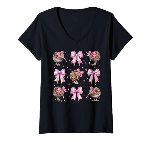 Damen Kiwi Bird Girl Kokette Schleife Rosa T-Shirt mit V-Ausschnitt von Womens Pink Coquette Bow Kiwi Bird Gifts
