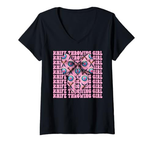 Damen Messer werfen Mädchen Messerwerfer Kokette Bogen T-Shirt mit V-Ausschnitt von Womens Pink Coquette Bow Knife Throwing Gifts