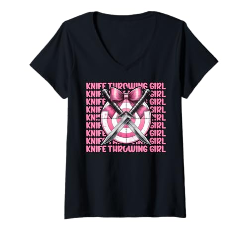 Damen Messer werfen Mädchen Messerwerfer Kokette Bogen T-Shirt mit V-Ausschnitt von Womens Pink Coquette Bow Knife Throwing Gifts