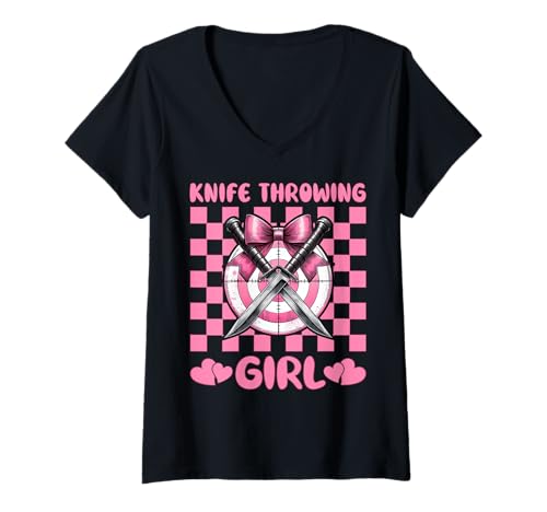 Damen Messer werfen Mädchen Messerwerfer Kokette Bogen T-Shirt mit V-Ausschnitt von Womens Pink Coquette Bow Knife Throwing Gifts