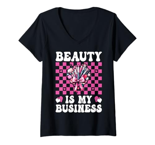 Damen Make-up Artist MUA Girl Mom Coquette Beauty is My Business T-Shirt mit V-Ausschnitt von Womens Pink Coquette Bow MUA Beautician Gifts
