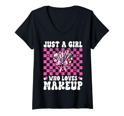 Damen Nur EIN Mädchen, das Visagistin MUA Coquette Bow liebt T-Shirt mit V-Ausschnitt von Womens Pink Coquette Bow MUA Beautician Gifts