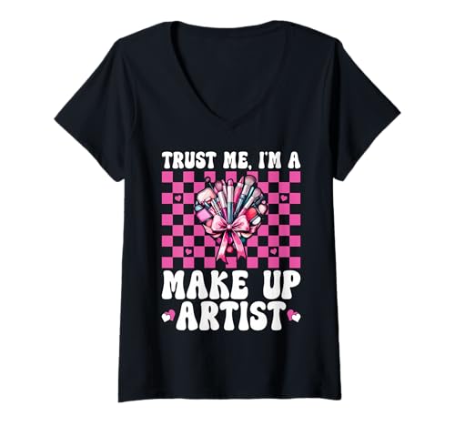Damen Vertrauen Sie Mir, ich Bin Visagistin MUA Girl Mom Coquette Bow T-Shirt mit V-Ausschnitt Damen Vertrauen Sie Mir, ich Bin Visagistin MUA Girl Mom Coquette Bow T-Shirt mit V-Ausschnitt von Womens Pink Coquette Bow MUA Beautician Gifts