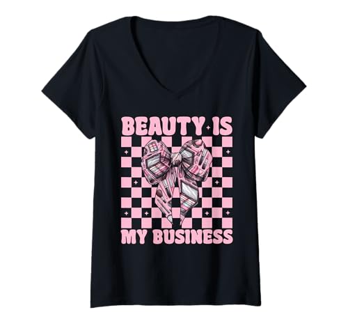 Damen Visagistin MUA Girl Mom Coquette Blending is My Cardio T-Shirt mit V-Ausschnitt Damen Visagistin MUA Girl Mom Coquette Blending is My Cardio T-Shirt mit V-Ausschnitt von Womens Pink Coquette Bow MUA Beautician Gifts