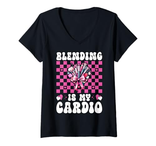 Damen Visagistin MUA Girl Mom Coquette Blending is My Cardio T-Shirt mit V-Ausschnitt Damen Visagistin MUA Girl Mom Coquette Blending is My Cardio T-Shirt mit V-Ausschnitt von Womens Pink Coquette Bow MUA Beautician Gifts