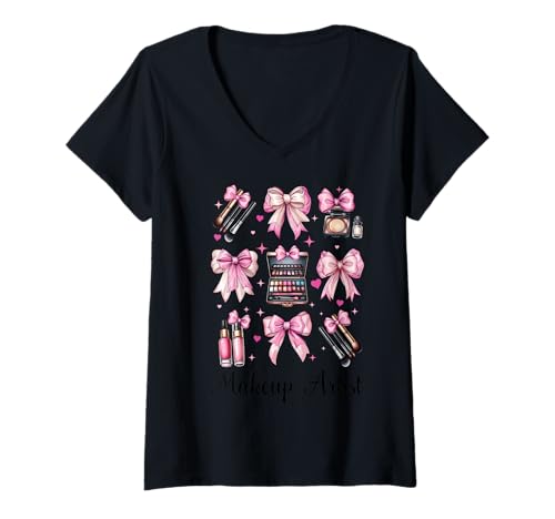 Damen Visagistin MUA Girl Mom Coquette Bow T-Shirt mit V-Ausschnitt von Womens Pink Coquette Bow MUA Beautician Gifts