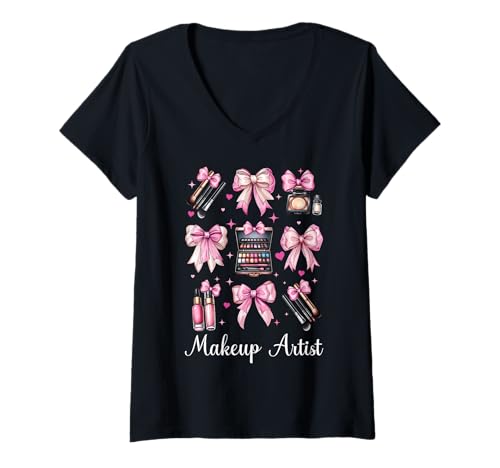 Damen Visagistin MUA Girl Mom Coquette Bow T-Shirt mit V-Ausschnitt von Womens Pink Coquette Bow MUA Beautician Gifts