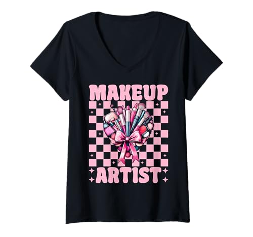 Damen Visagistin MUA Girl Mom Coquette Bow T-Shirt mit V-Ausschnitt Damen Visagistin MUA Girl Mom Coquette Bow T-Shirt mit V-Ausschnitt von Womens Pink Coquette Bow MUA Beautician Gifts