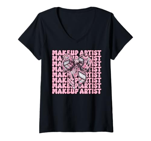 Damen Visagistin MUA Girl Mom Coquette Bow T-Shirt mit V-Ausschnitt von Womens Pink Coquette Bow MUA Beautician Gifts