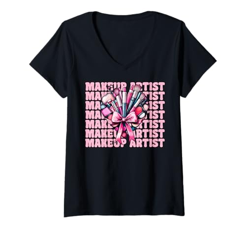 Damen Visagistin MUA Girl Mom Coquette Bow T-Shirt mit V-Ausschnitt von Womens Pink Coquette Bow MUA Beautician Gifts