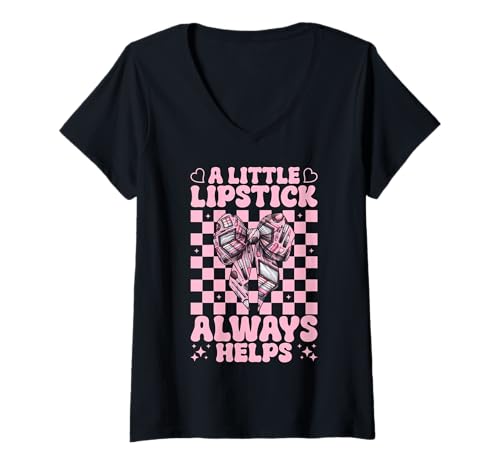 Damen Visagistin MUA Girl Mom EIN Kleiner Lippenstift hilft Immer T-Shirt mit V-Ausschnitt Damen Visagistin MUA Girl Mom EIN Kleiner Lippenstift hilft Immer T-Shirt mit V-Ausschnitt von Womens Pink Coquette Bow MUA Beautician Gifts