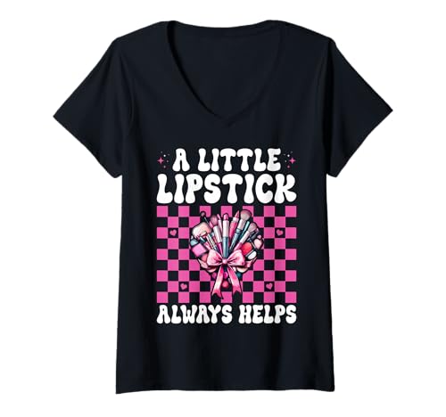 Damen Visagistin MUA Girl Mom EIN Kleiner Lippenstift hilft Immer T-Shirt mit V-Ausschnitt Damen Visagistin MUA Girl Mom EIN Kleiner Lippenstift hilft Immer T-Shirt mit V-Ausschnitt von Womens Pink Coquette Bow MUA Beautician Gifts
