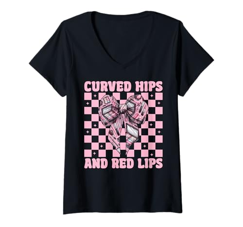 Damen Visagistin MUA Girl Mom Kokette geschwungene Hüften und rote Lippen T-Shirt mit V-Ausschnitt von Womens Pink Coquette Bow MUA Beautician Gifts