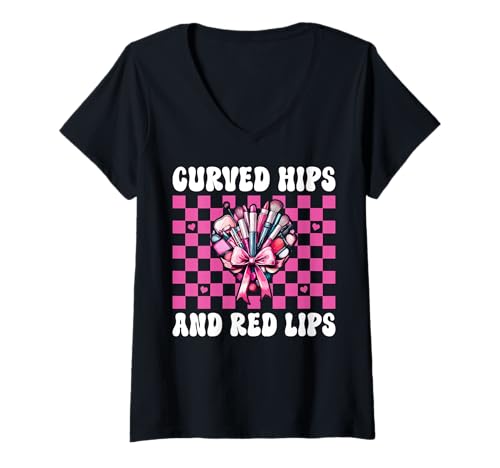 Damen Visagistin MUA Girl Mom Kokette geschwungene Hüften und rote Lippen T-Shirt mit V-Ausschnitt von Womens Pink Coquette Bow MUA Beautician Gifts