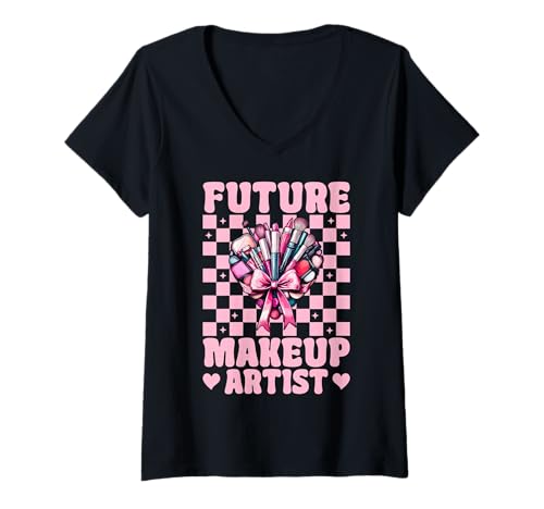 Damen Zukünftige Visagistin MUA Girl Mom Coquette Bow T-Shirt mit V-Ausschnitt von Womens Pink Coquette Bow MUA Beautician Gifts
