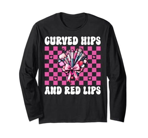 Visagistin MUA Girl Mom Kokette geschwungene Hüften und rote Lippen Langarmshirt Visagistin MUA Girl Mom Kokette geschwungene Hüften und rote Lippen Langarmshirt von Womens Pink Coquette Bow MUA Beautician Gifts