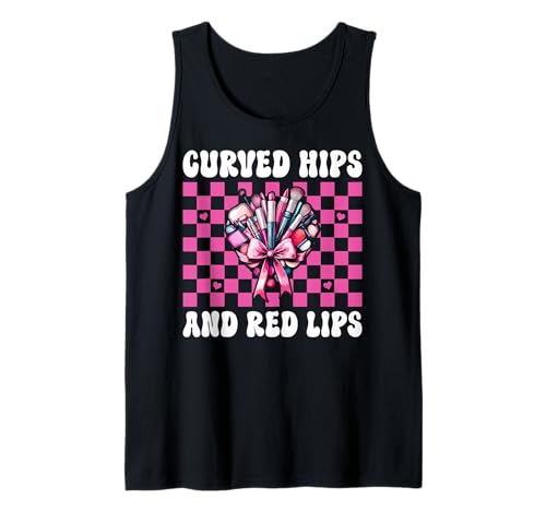 Visagistin MUA Girl Mom Kokette geschwungene Hüften und rote Lippen Tank Top von Womens Pink Coquette Bow MUA Beautician Gifts