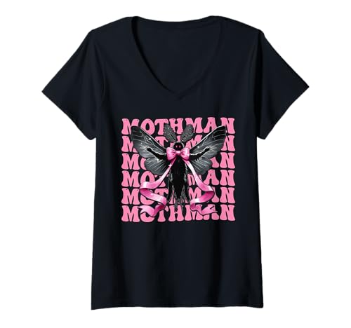 Damen Coquette Bow Mothman Cryptozoology Cryptid Girl Mama Rosa T-Shirt mit V-Ausschnitt Damen Coquette Bow Mothman Cryptozoology Cryptid Girl Mama Rosa T-Shirt mit V-Ausschnitt von Womens Pink Coquette Bow Mothman Gifts