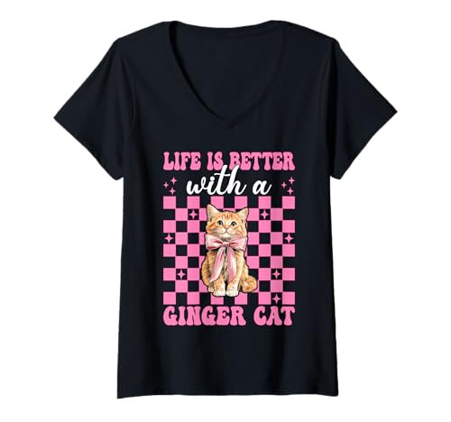 Damen Das Leben ist Besser mit Einer Ginger Cat Orange Cat Tabby Cat Girl T-Shirt mit V-Ausschnitt von Womens Pink Coquette Bow Orange Tabby Cat Gifts