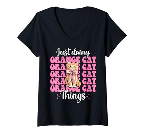 Damen Just Doing Orange Cat Things Tabby Cat Girl Cat Mama Kokette T-Shirt mit V-Ausschnitt von Womens Pink Coquette Bow Orange Tabby Cat Gifts