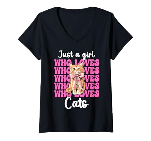 Damen Nur EIN Mädchen, das Katzen liebt Orange Cat Tabby Cat Coquette Bow T-Shirt mit V-Ausschnitt von Womens Pink Coquette Bow Orange Tabby Cat Gifts