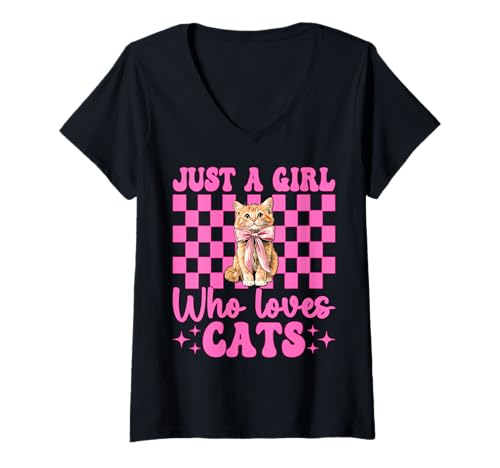 Damen Nur EIN Mädchen, das Katzen liebt Orange Cat Tabby Cat Coquette Bow T-Shirt mit V-Ausschnitt von Womens Pink Coquette Bow Orange Tabby Cat Gifts