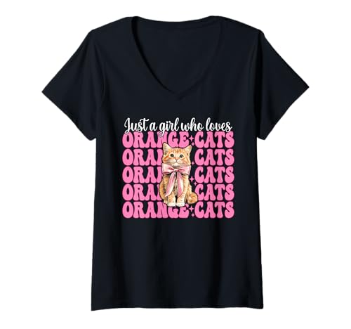 Damen Nur EIN Mädchen, das Orange Cats liebt Tabby Cat Girl Coquette T-Shirt mit V-Ausschnitt von Womens Pink Coquette Bow Orange Tabby Cat Gifts