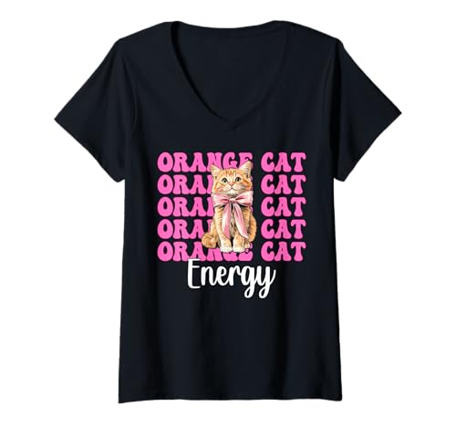 Damen Orange Cat Energy Tabby Cat Girl Cat Mom Kokette Bogen T-Shirt mit V-Ausschnitt von Womens Pink Coquette Bow Orange Tabby Cat Gifts