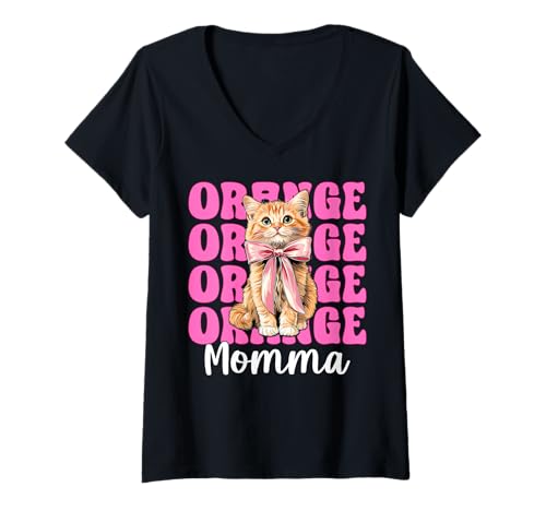 Damen Orange Momma Orange Cat Tabby Cat Mom Mama Muttertag T-Shirt mit V-Ausschnitt von Womens Pink Coquette Bow Orange Tabby Cat Gifts