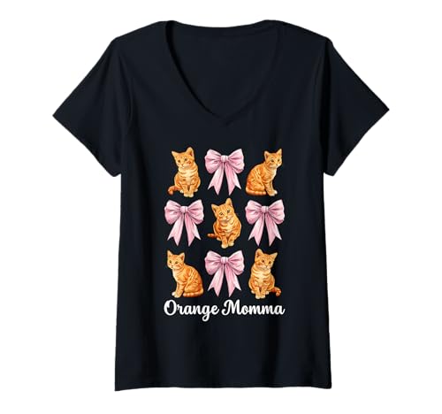 Damen Orange Momma Orange Cat Tabby Cat Mom Mama Muttertag T-Shirt mit V-Ausschnitt von Womens Pink Coquette Bow Orange Tabby Cat Gifts