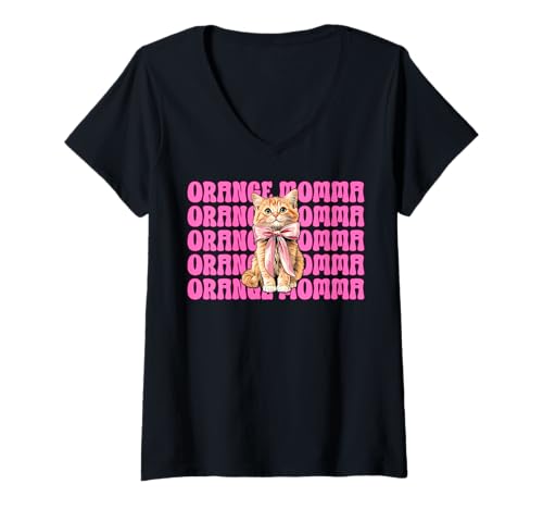 Damen Orange Momma Orange Cat Tabby Cat Mom Mama Muttertag T-Shirt mit V-Ausschnitt von Womens Pink Coquette Bow Orange Tabby Cat Gifts