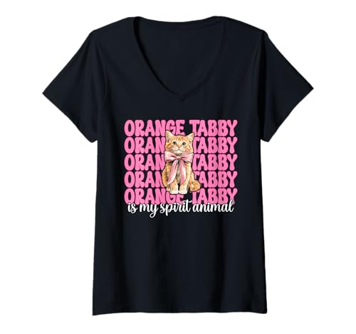 Damen Orange Tabby is My Spirit Animal Orange Katze Tabby Cat Girl T-Shirt mit V-Ausschnitt von Womens Pink Coquette Bow Orange Tabby Cat Gifts