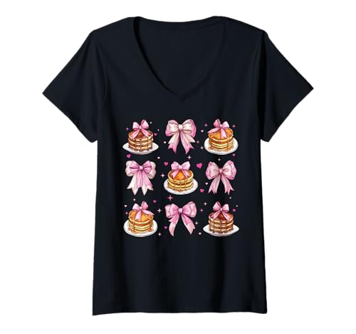 Damen Pancake Hotcake Girl Kokette Schleife Rosa T-Shirt mit V-Ausschnitt von Womens Pink Coquette Bow Pancake Hotcake Gifts