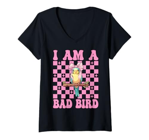 Damen I Am A Bad Bird Lustiger Sittich Wellensittich Papagei Mädchen Mama T-Shirt mit V-Ausschnitt von Womens Pink Coquette Bow Parakeet Budgie Gifts