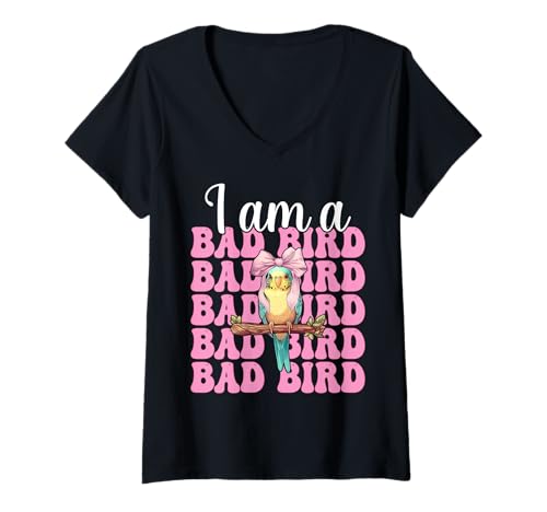Damen I Am A Bad Bird Lustiger Sittich Wellensittich Papagei Mädchen Mama T-Shirt mit V-Ausschnitt von Womens Pink Coquette Bow Parakeet Budgie Gifts