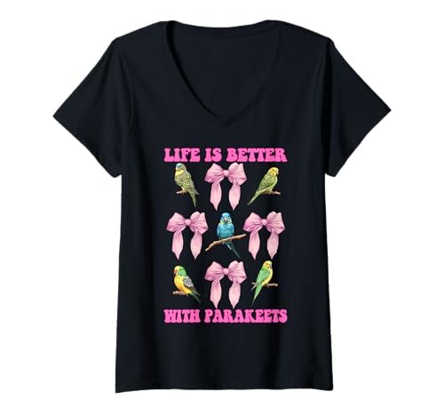 Damen Life is Better with Sittiche, Wellensittiche, Papageienmädchen, Kokette T-Shirt mit V-Ausschnitt Damen Life is Better with Sittiche, Wellensittiche, Papageienmädchen, Kokette T-Shirt mit V-Ausschnitt von Womens Pink Coquette Bow Parakeet Budgie Gifts