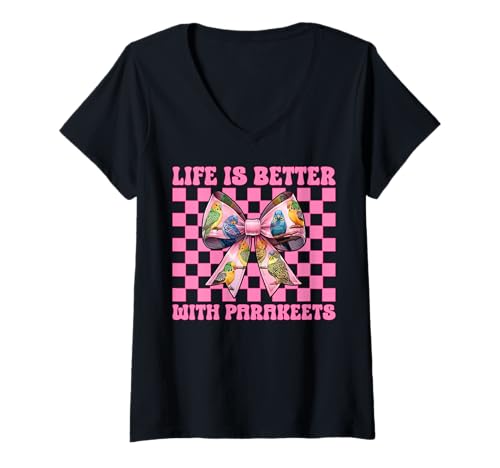 Damen Life is Better with Sittiche, Wellensittiche, Papageienmädchen, Kokette T-Shirt mit V-Ausschnitt Damen Life is Better with Sittiche, Wellensittiche, Papageienmädchen, Kokette T-Shirt mit V-Ausschnitt von Womens Pink Coquette Bow Parakeet Budgie Gifts