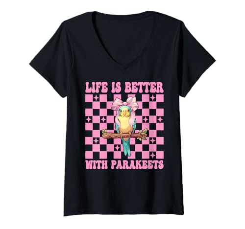 Damen Life is Better with Sittiche, Wellensittiche, Papageienmädchen, Kokette T-Shirt mit V-Ausschnitt Damen Life is Better with Sittiche, Wellensittiche, Papageienmädchen, Kokette T-Shirt mit V-Ausschnitt von Womens Pink Coquette Bow Parakeet Budgie Gifts