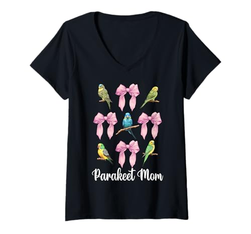 Damen Sittich Mama Wellensittich Papagei Muttertag Kokette Schleife T-Shirt mit V-Ausschnitt von Womens Pink Coquette Bow Parakeet Budgie Gifts