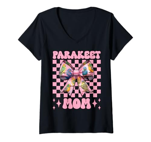 Damen Sittich Mama Wellensittich Papagei Muttertag Kokette Schleife T-Shirt mit V-Ausschnitt von Womens Pink Coquette Bow Parakeet Budgie Gifts
