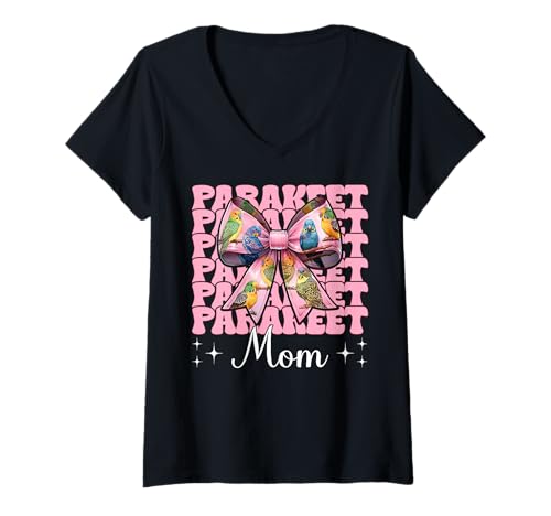 Damen Sittich Mama Wellensittich Papagei Muttertag Kokette Schleife T-Shirt mit V-Ausschnitt von Womens Pink Coquette Bow Parakeet Budgie Gifts