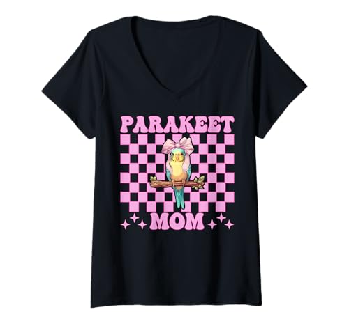 Damen Sittich Mama Wellensittich Papagei Muttertag Kokette Schleife T-Shirt mit V-Ausschnitt von Womens Pink Coquette Bow Parakeet Budgie Gifts