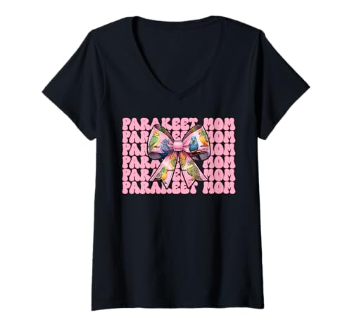 Damen Sittich Mama Wellensittich Papagei Muttertag Kokette Schleife T-Shirt mit V-Ausschnitt von Womens Pink Coquette Bow Parakeet Budgie Gifts