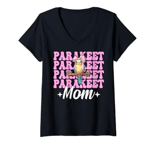 Damen Sittich Mama Wellensittich Papagei Muttertag Kokette Schleife T-Shirt mit V-Ausschnitt von Womens Pink Coquette Bow Parakeet Budgie Gifts