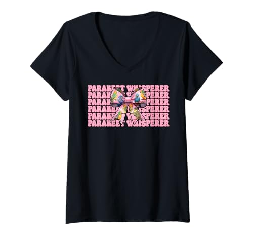 Damen Sittichflüsterer Wellensittich Papagei Mädchen Mama Kokette Schleife T-Shirt mit V-Ausschnitt von Womens Pink Coquette Bow Parakeet Budgie Gifts