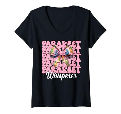Damen Sittichflüsterer Wellensittich Papagei Mädchen Mama Kokette Schleife T-Shirt mit V-Ausschnitt von Womens Pink Coquette Bow Parakeet Budgie Gifts