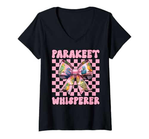 Damen Sittichflüsterer Wellensittich Papagei Mädchen Mama Kokette Schleife T-Shirt mit V-Ausschnitt von Womens Pink Coquette Bow Parakeet Budgie Gifts