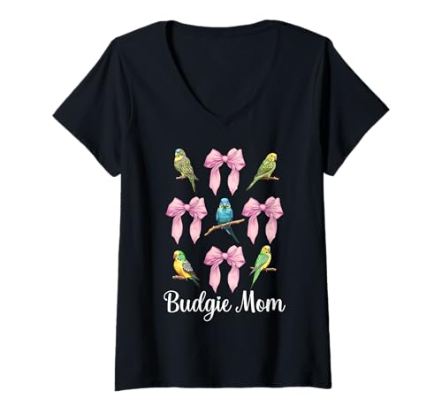 Damen Wellensittich Mama Papagei Muttertag Kokette Schleife T-Shirt mit V-Ausschnitt von Womens Pink Coquette Bow Parakeet Budgie Gifts